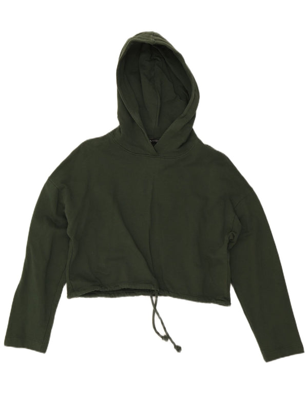 Zara Dame Crop Hoodie Jumper UK 14 Medium Green Bomuld