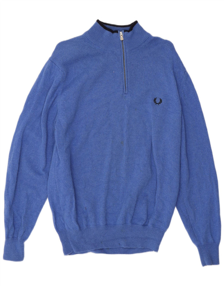 Fred Perry Herre Zip Neck Jumper Sweater Medium Blue Wool