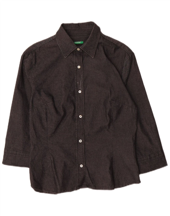 BENETTON skjorte med 3/4 ærmer til kvinder UK 10 Lille grå bomuld