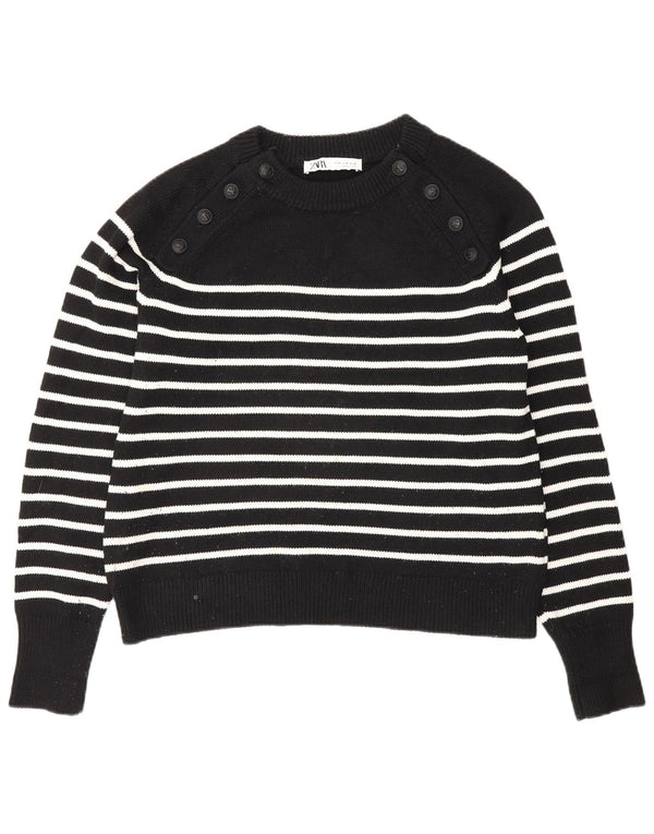 Zara Dame Boat Neck Jumper Sweater UK 14 Medium Sort Stribet Polyester