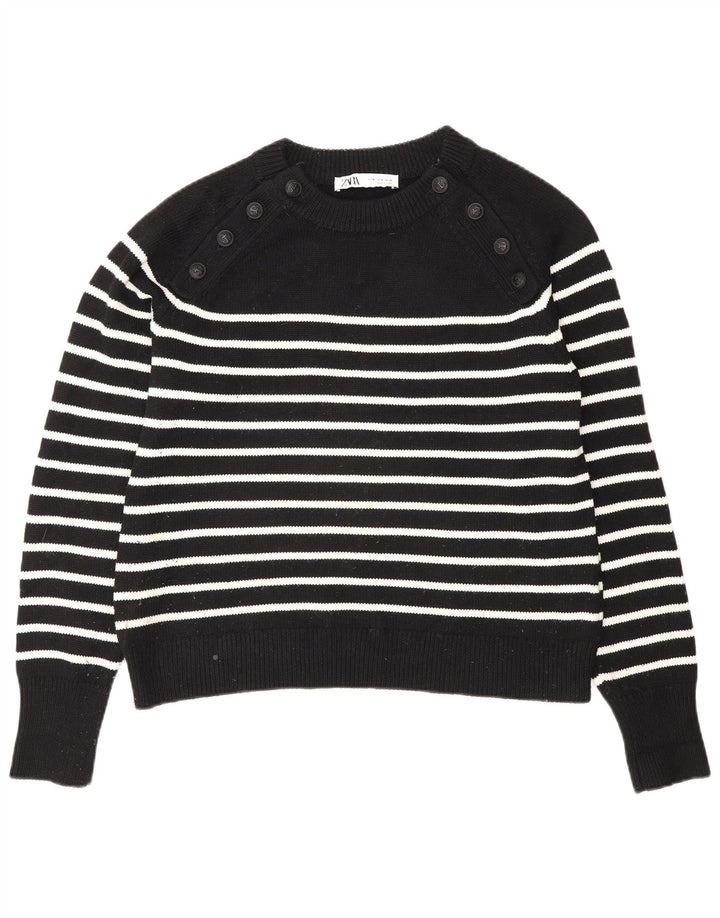 Zara Dame Boat Neck Jumper Sweater UK 14 Medium Sort Stribet Polyester