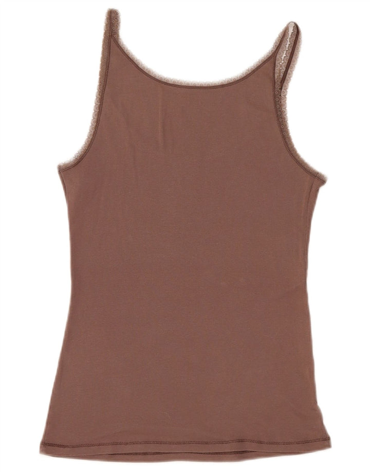 BENETTON Dame Cami Top UK 14 Stor Brun Bomuld
