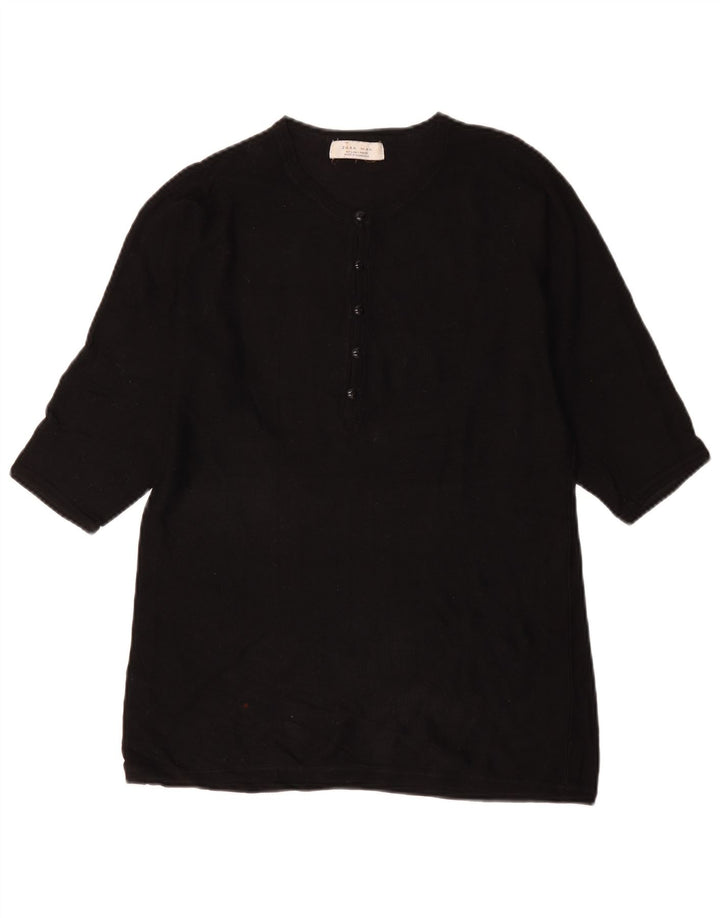 Zara Herre Kortærmet Button Neck Jumper Sweater Large Sort