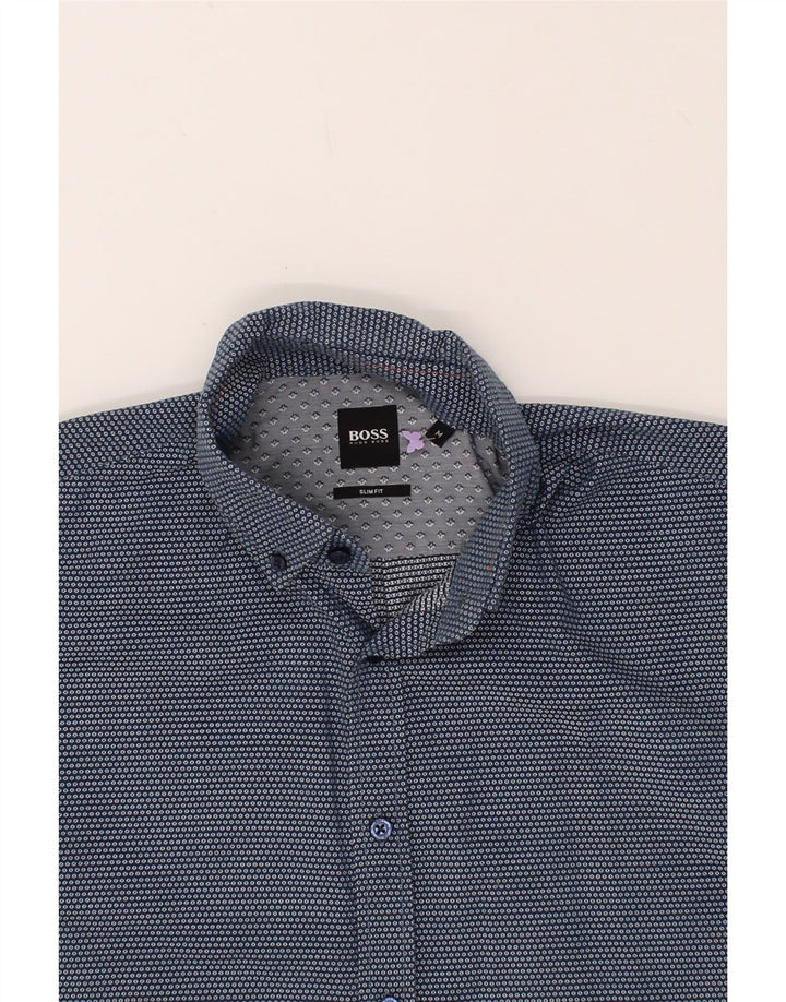 HUGO BOSS Mens Abstract Pattern Slim Fit Shirt Medium Navy Blue Cotton Vintage Hugo Boss and Second-Hand Hugo Boss from Messina Hembry 