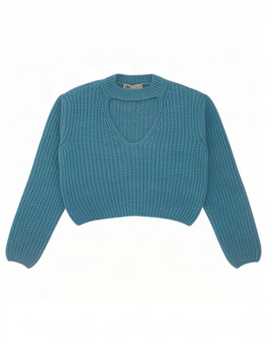 Zara Womens Crop Crew Neck Jumper Sweater UK 14 Medium Blue Acryl