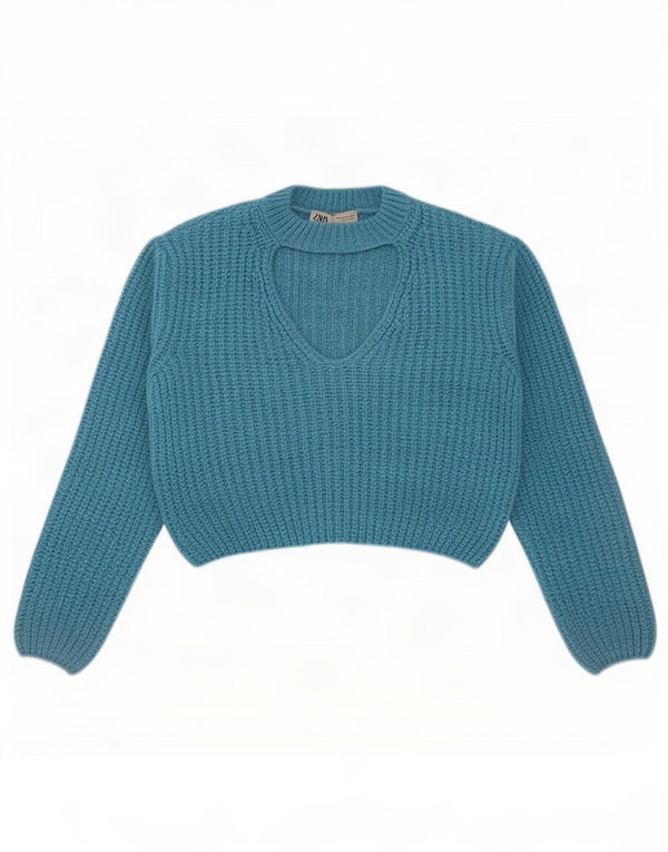 Zara Womens Crop Crew Neck Jumper Sweater UK 14 Medium Blue Acryl
