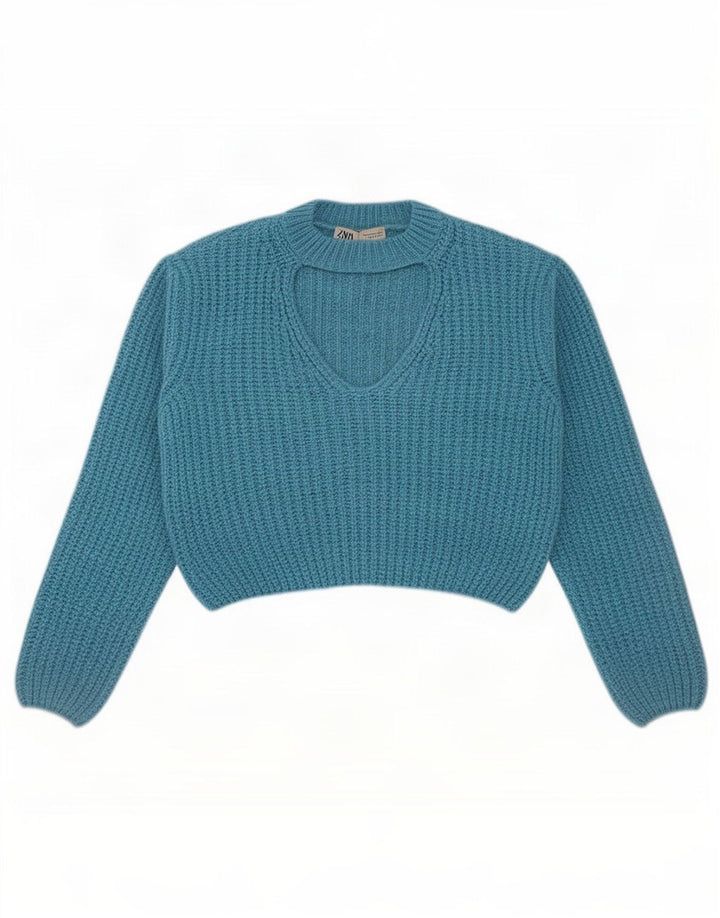 Zara Womens Crop Crew Neck Jumper Sweater UK 14 Medium Blue Acryl