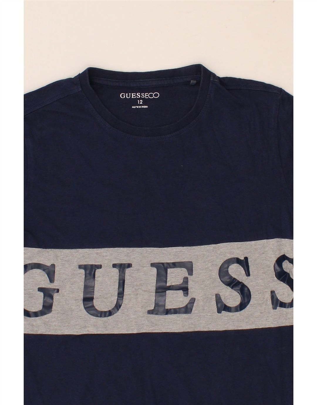 GUESS Boys Graphic Top Long Sleeve 11-12 Years Navy Blue Colourblock Vintage Guess and Second-Hand Guess from Messina Hembry 