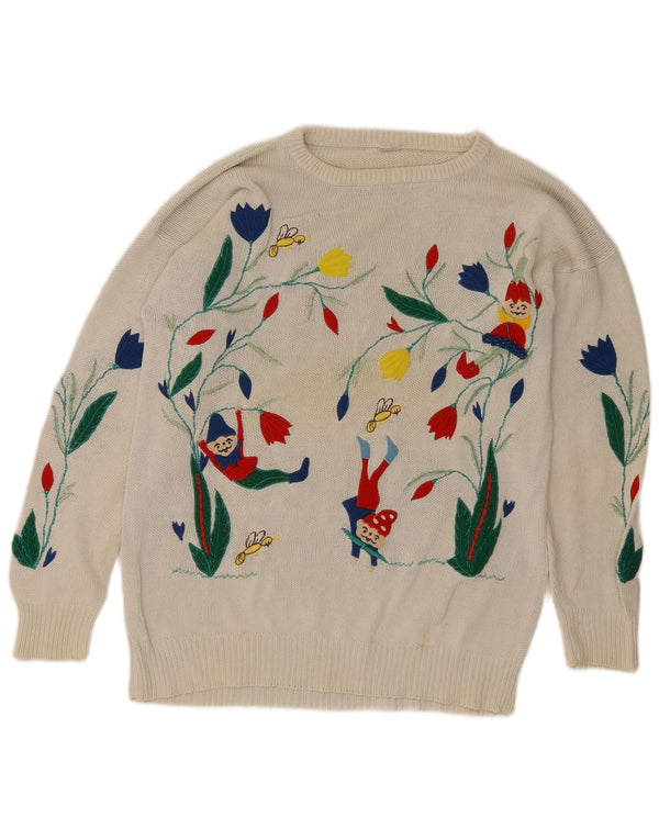 Vintage Kvinders Grafisk Boat Neck Jumper Sweater UK 14 Large White Floral