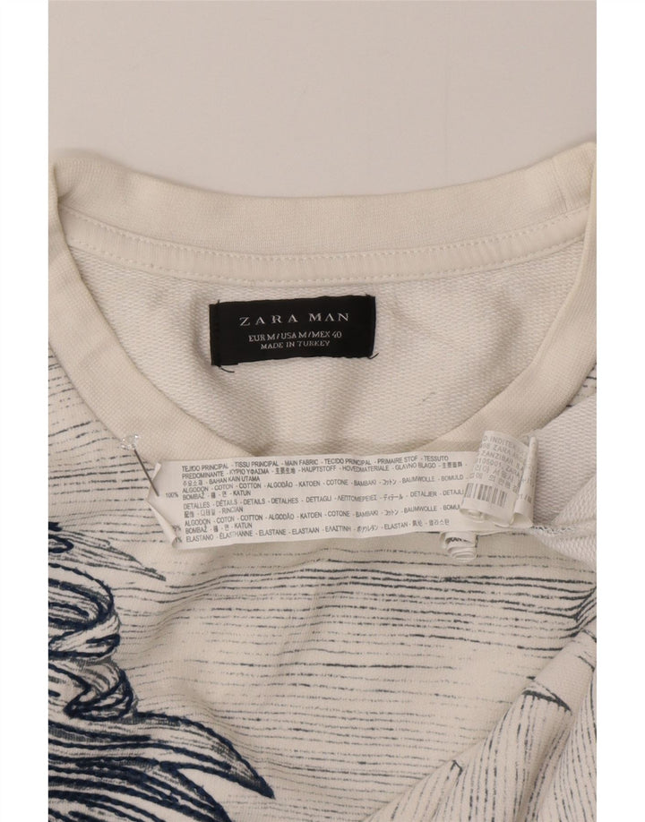 Zara Herre Sweatshirt Jumper Medium Hvid Blomsterbomuld