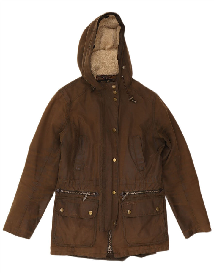 Barbour Dame Hooded Parka Jacket UK 10 Small Brown Bomuld