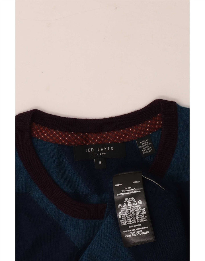 Ted Baker Herre Crew Neck Jumper Sweater Størrelse 5 XL Blå Geometrisk Uld