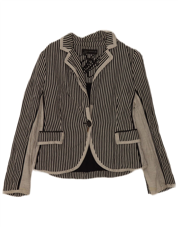 Zara Dame 1 Knap Blazer Jacket UK 18 XL Sort Stribet Bomuld