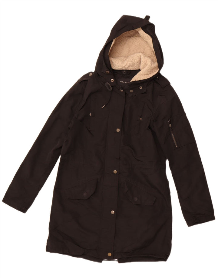 Zara Dame Hooded Parka Jacket UK 10 Small Black Polyester
