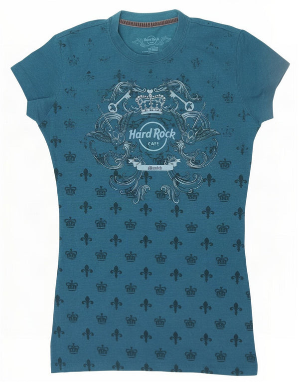 Hard Rock Cafe Dame München Grafisk T-Shirt Top UK 10 Small Blue Cotton