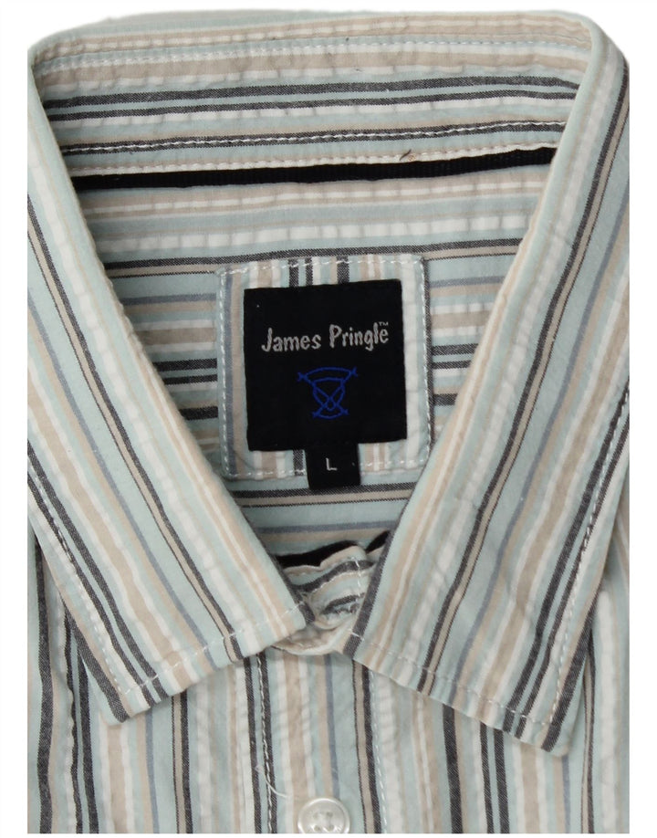 JAMES PRINGLE Mens Short Sleeve Shirt Large Blue Striped Cotton
