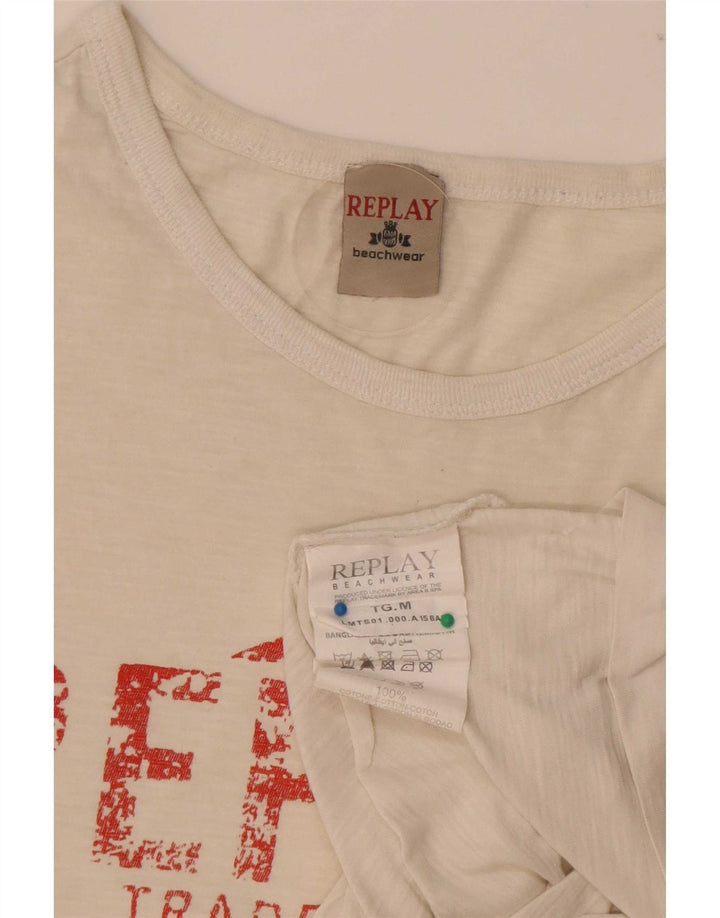 Replay Dame Grafisk T-Shirt Top UK 12 Medium Off White Bomuld