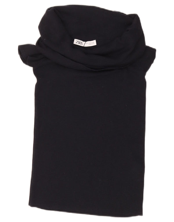 ZARA Womens Crop Bluse Top UK 12 Medium Black Viscose