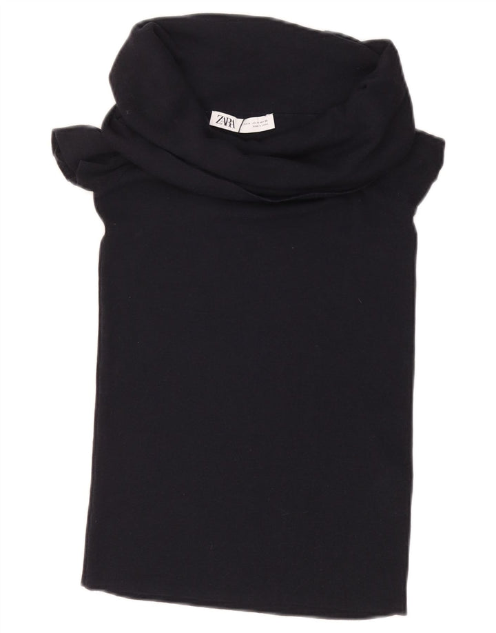 ZARA Womens Crop Bluse Top UK 12 Medium Black Viscose
