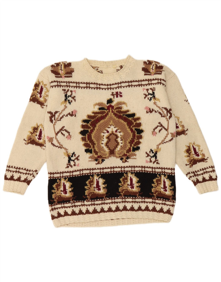 Vintage dame sweater med rund hals DK 14 Medium Beige Retro