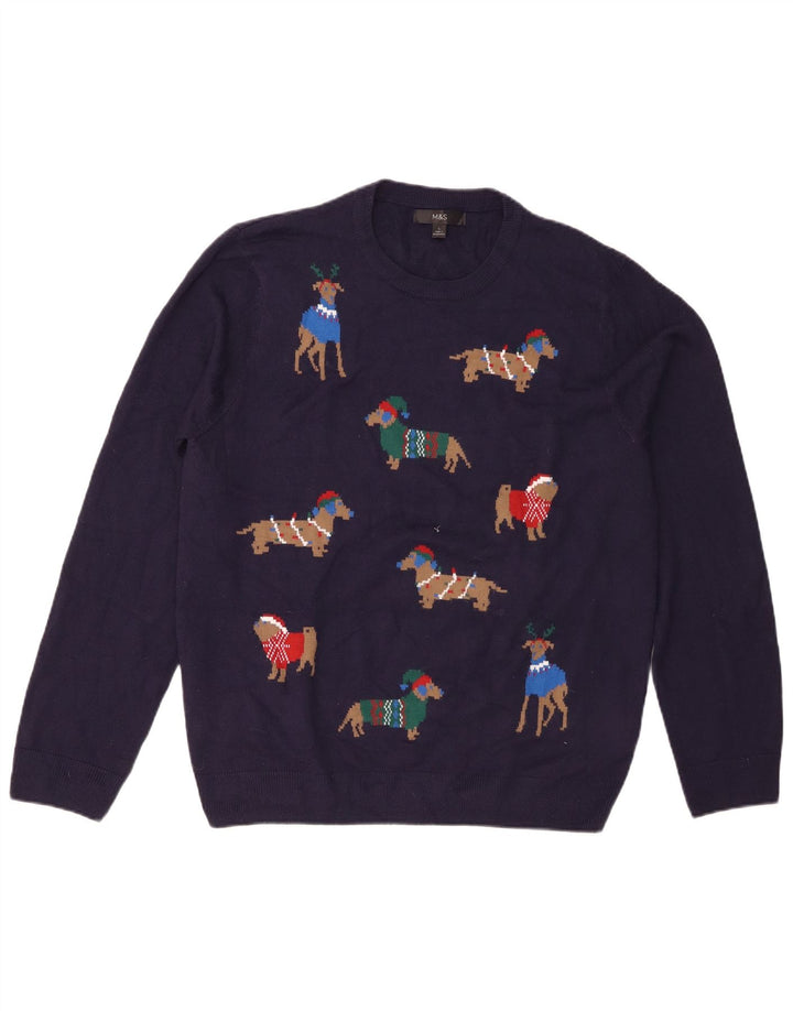 Marks & Spencer Herre sweater med rund hals, stor marineblå Fair Isle