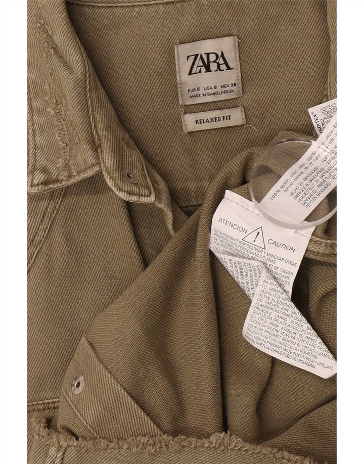 Zara Herre Distressed Relaxed Fit Denim Shirt Small Khaki Cotton