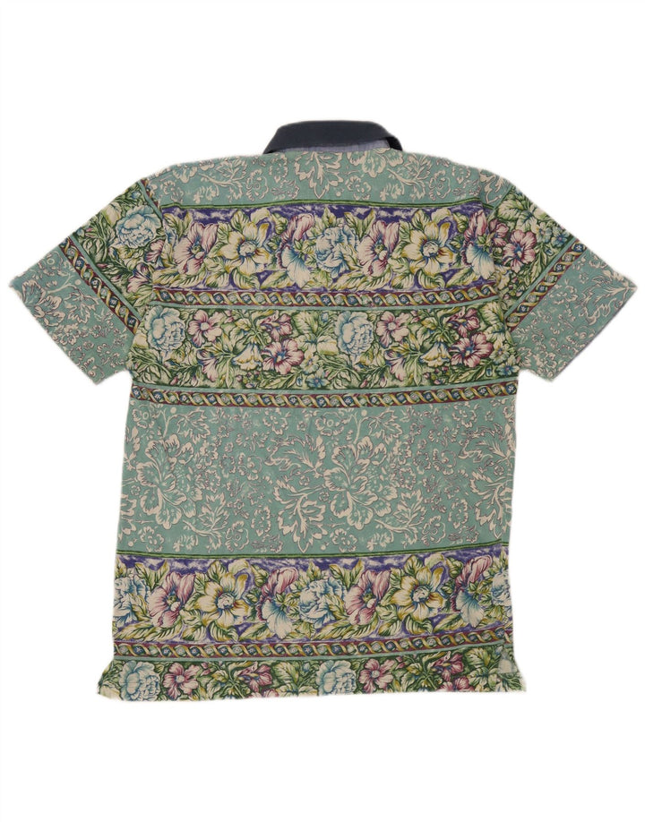 Vintage herre poloshirt mellemgrøn blomstret bomuld