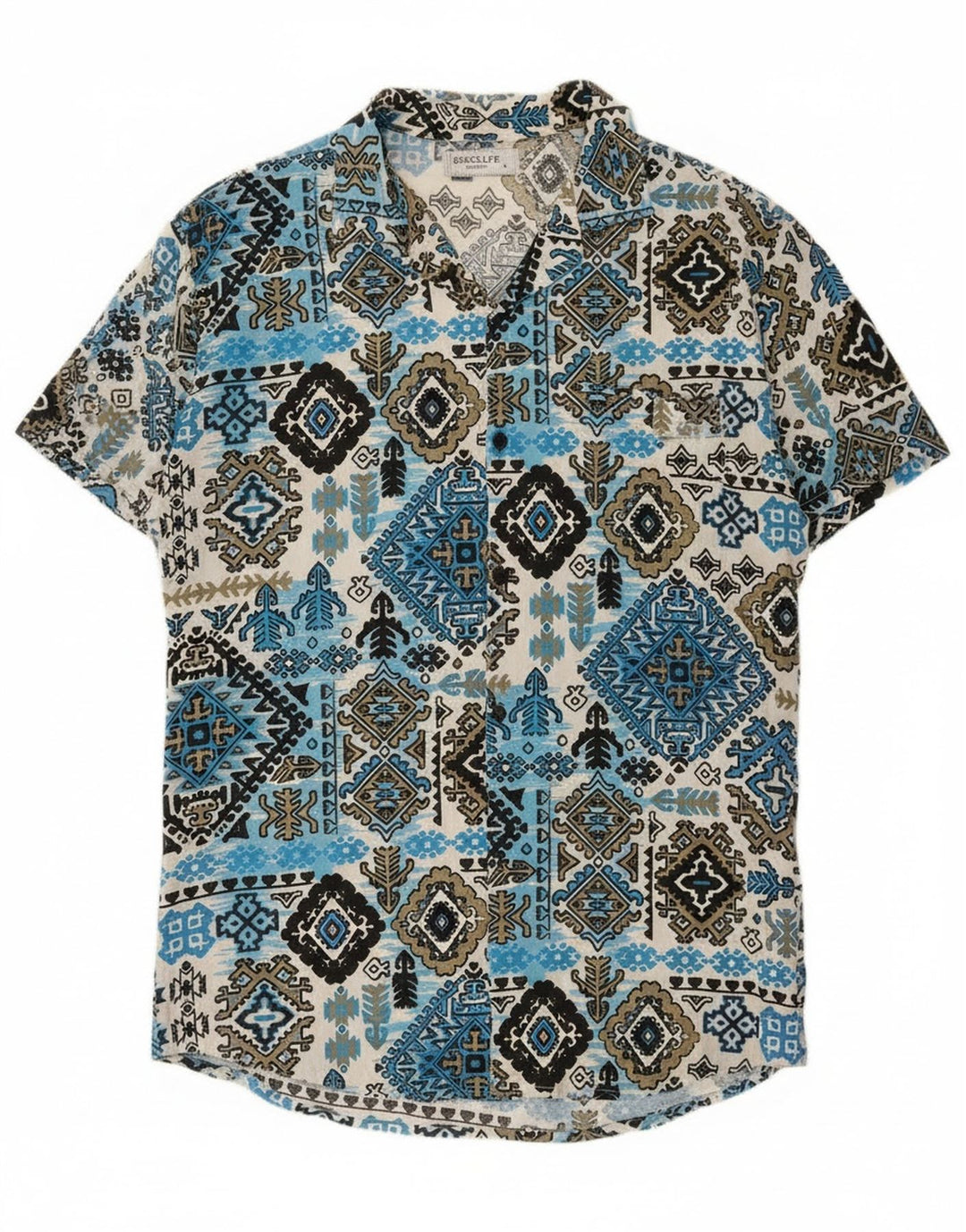 Vintage Kortærmet Herreskjorte Stor Blå Ikat Rayon
