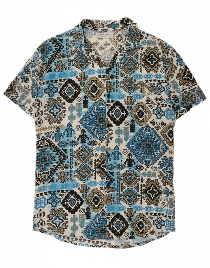 Vintage Kortærmet Herreskjorte Stor Blå Ikat Rayon
