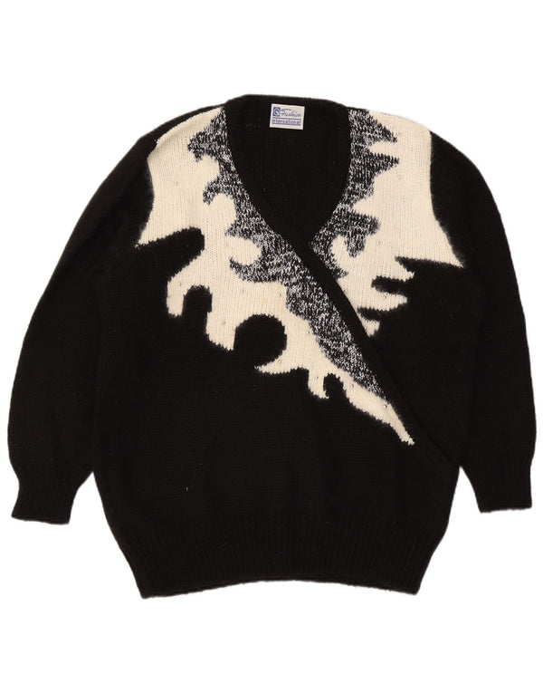 Vintage Dame V-hals sweater IT 50 XL Sort Colourblock Akryl