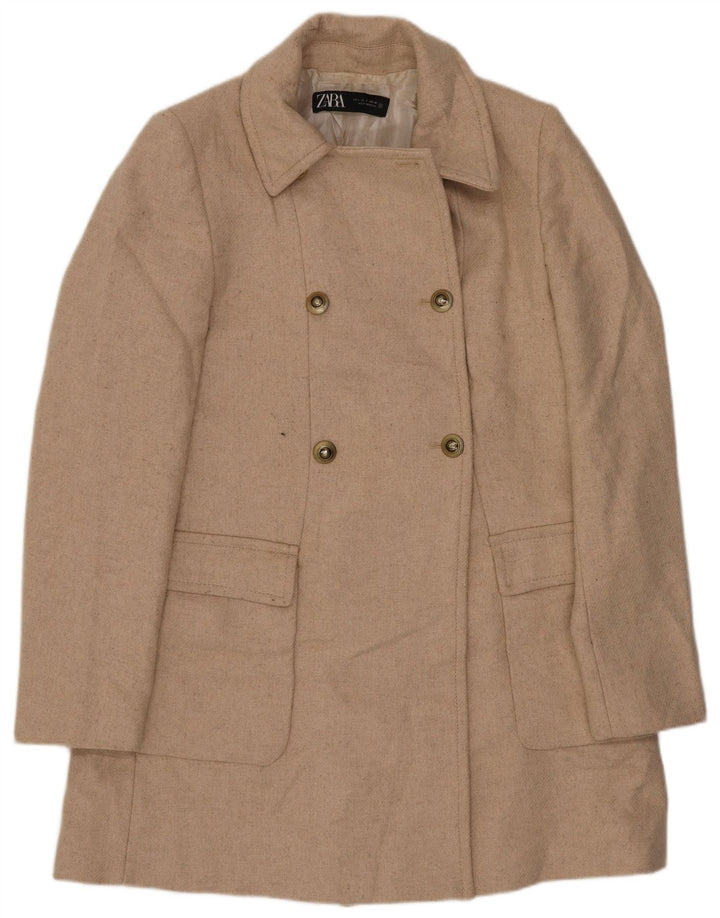 Zara Dame Dobbeltradet Frakke UK 10 Small Beige Uld