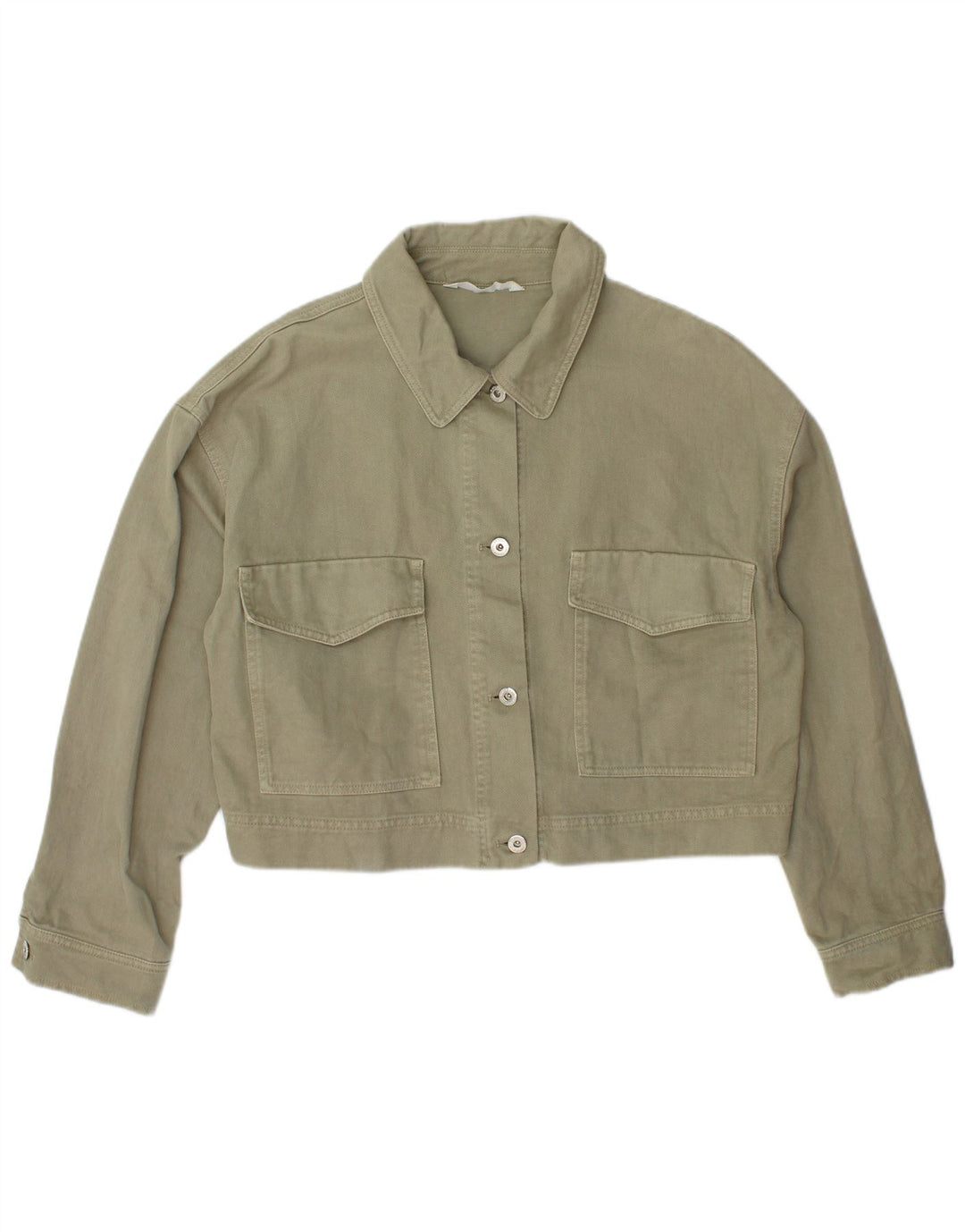 Zara Dame Crop Denim Jacket UK 16 Stor Khaki Bomuld