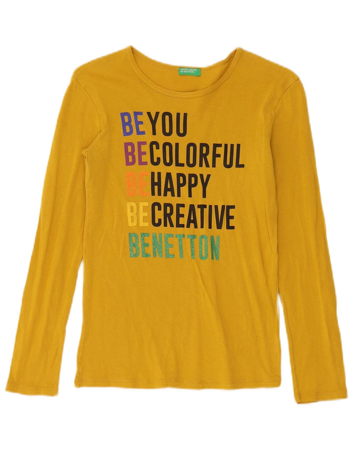 Benetton Dame Grafisk Top Langærmet UK 8 Lille Gul