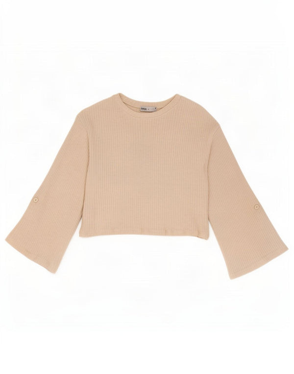 Zara Womens Crop Top 3/4 ærmer UK 14 Medium Beige Bomuld