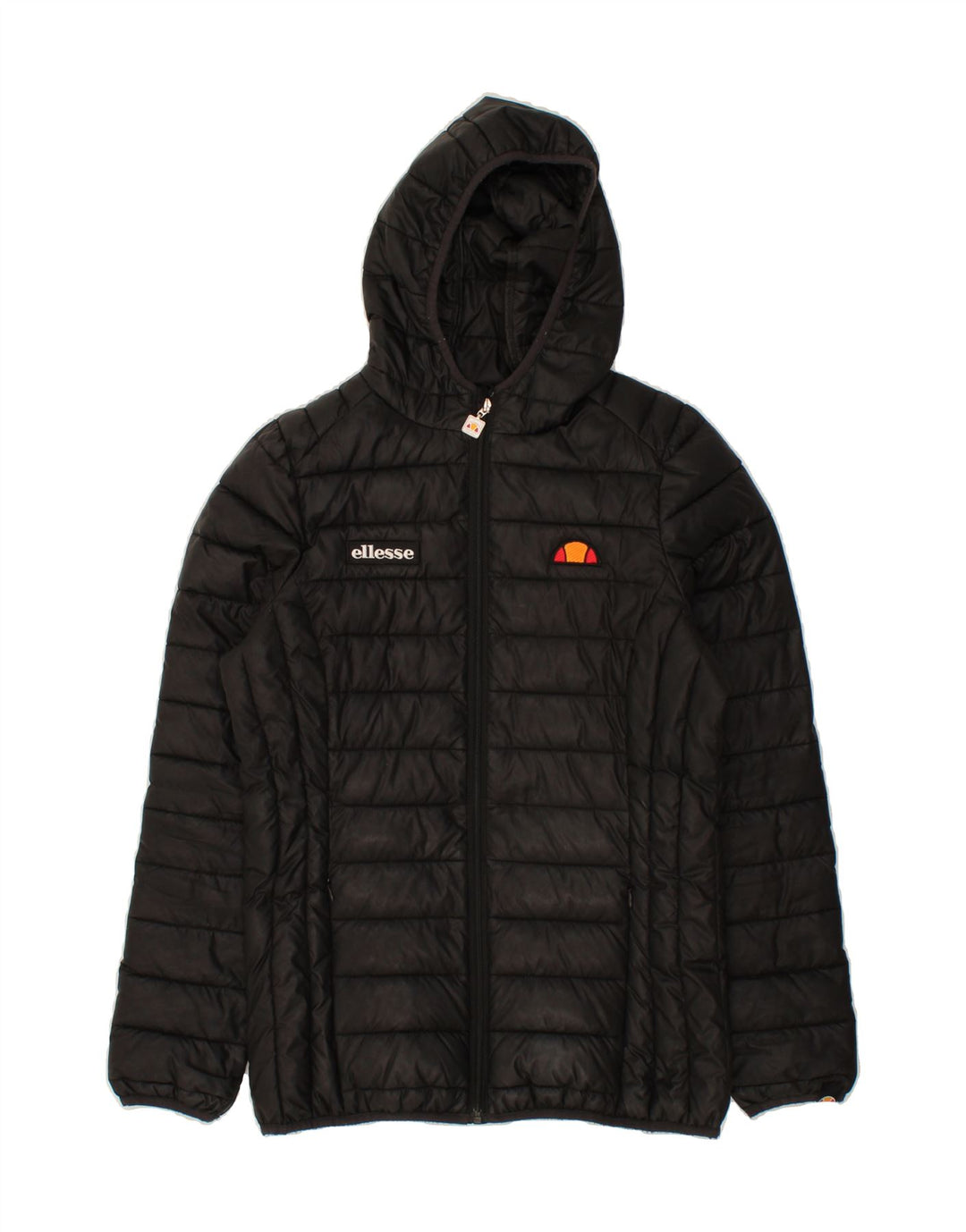ELLESSE Womens Graphic Hooded Padded Jacket UK 8 Small Black Polyester Vintage Ellesse and Second-Hand Ellesse from Messina Hembry 