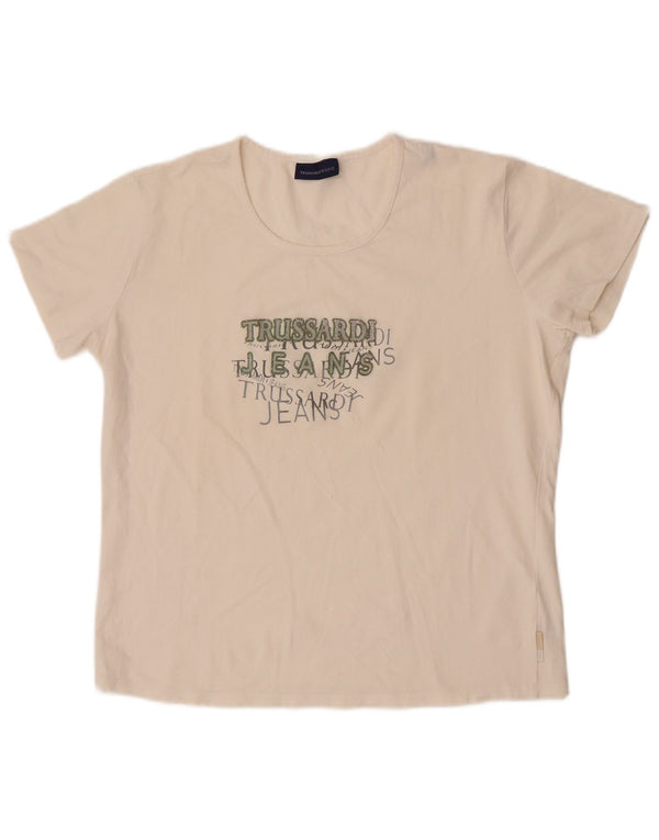 Trussardi Jeans Dame Crop Grafisk T-Shirt Top UK 20 2XL Off White Bomuld