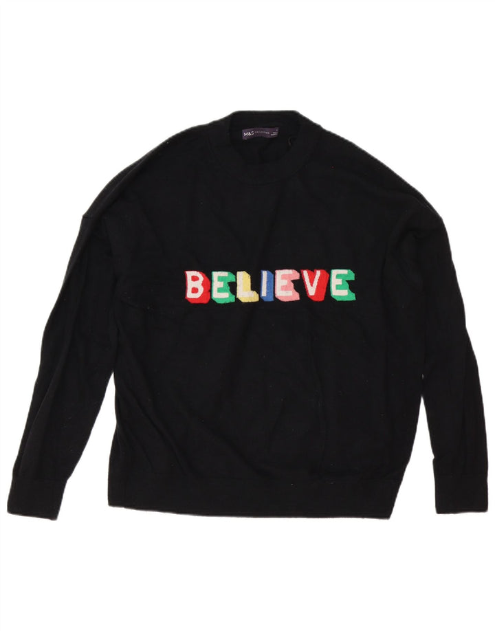 Marks & Spencer Dame Grafisk Crew Neck Jumper Sweater UK 16 Large Black