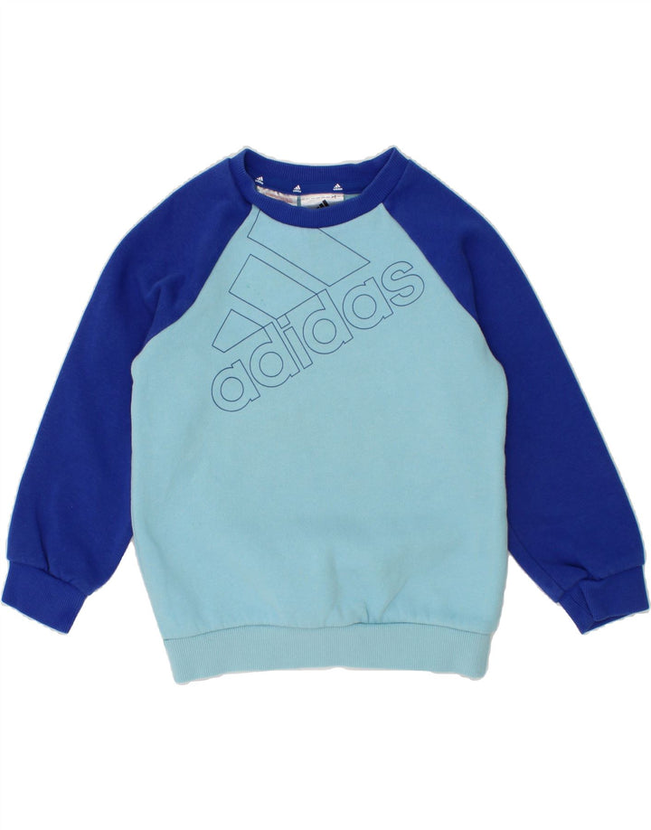 ADIDAS Boys Graphic Sweatshirt Jumper 2-3 Years Blue Colourblock Cotton Vintage Adidas and Second-Hand Adidas from Messina Hembry 