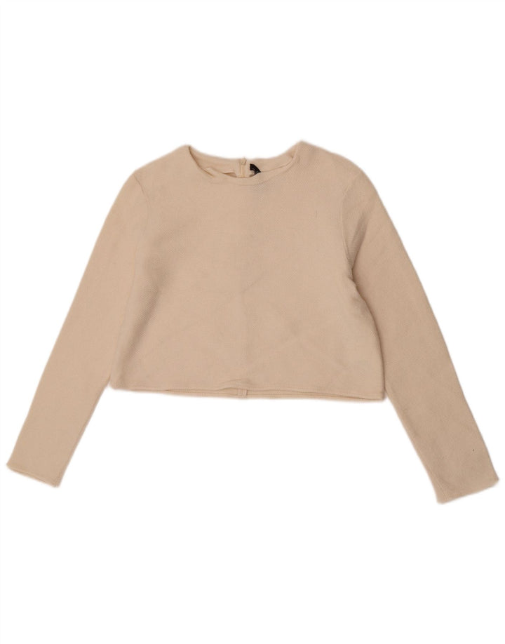Zara Womens Crop Crew Neck Jumper Sweater UK 12 Medium Off White Uld