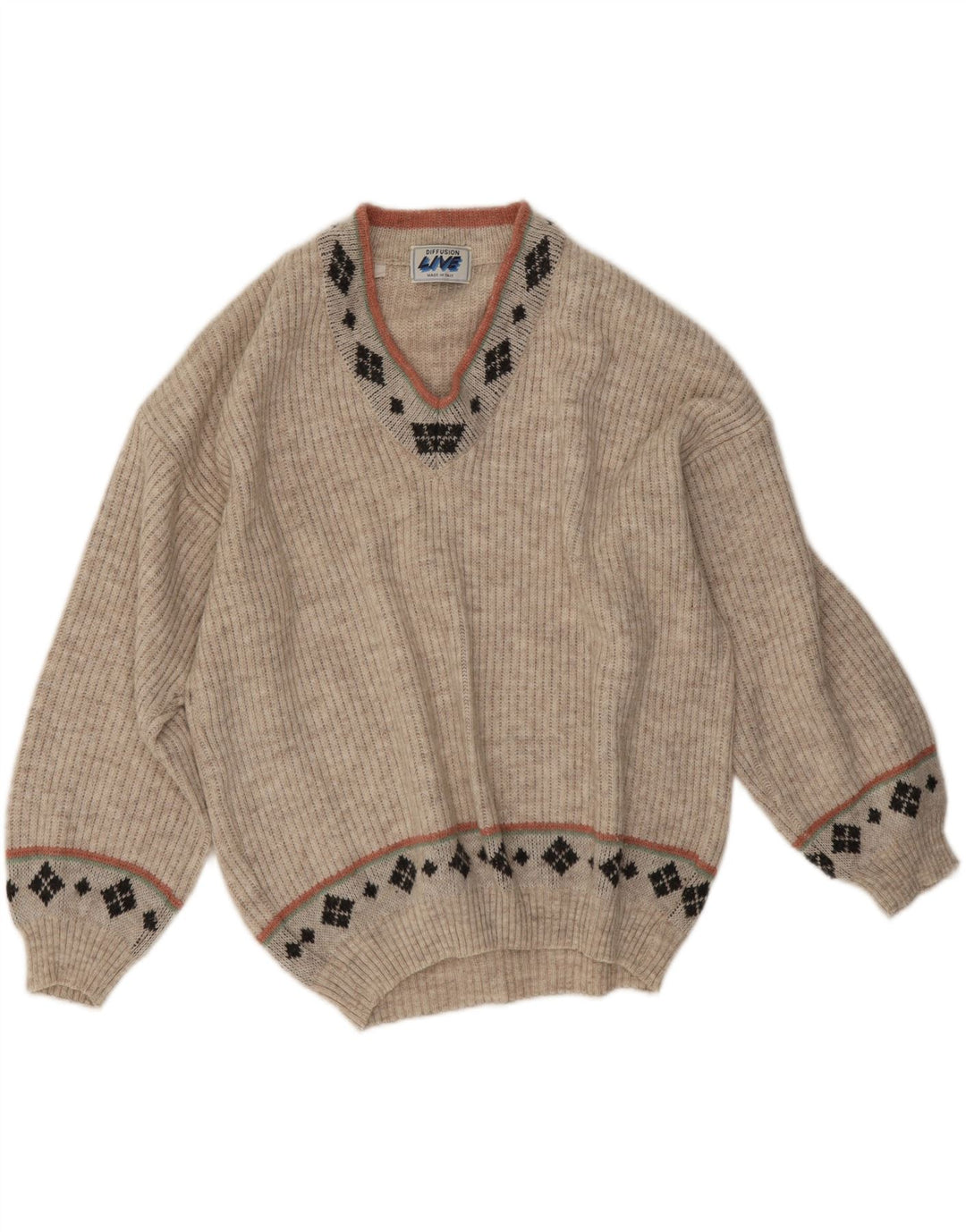 Vintage Herre V-hals sweater Medium Beige Geometrisk