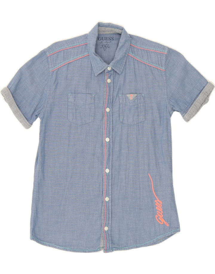 GUESS Womens Graphic Short Sleeve Shirt UK 12 Medium  Blue Cotton Vintage Guess and Second-Hand Guess from Messina Hembry 