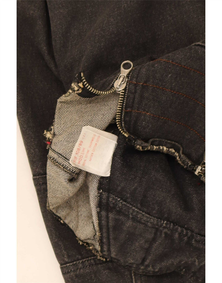 Vintage Dame Oversized Crop Denim Biker Jacket UK 14 Medium Sort Bomuld