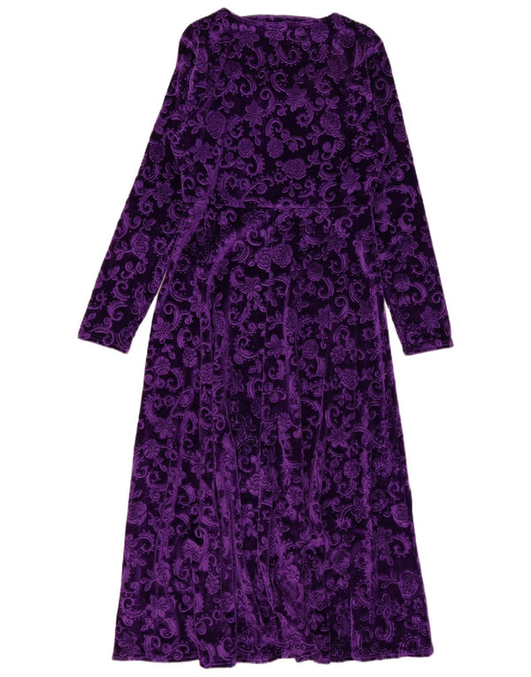Vintage Dame Velvet Maxi Kjole UK 14 Large Purple Floral Polyester