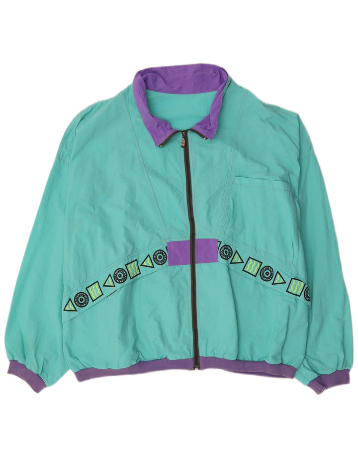 Vintage træningsdragt til mænd, topjakke XL blå geometrisk polyamid