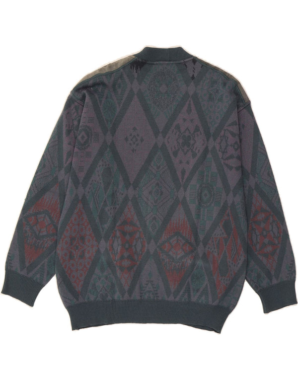 COMPASS CARD Mens Cardigan Sweater Medium Grey Geometric Wool