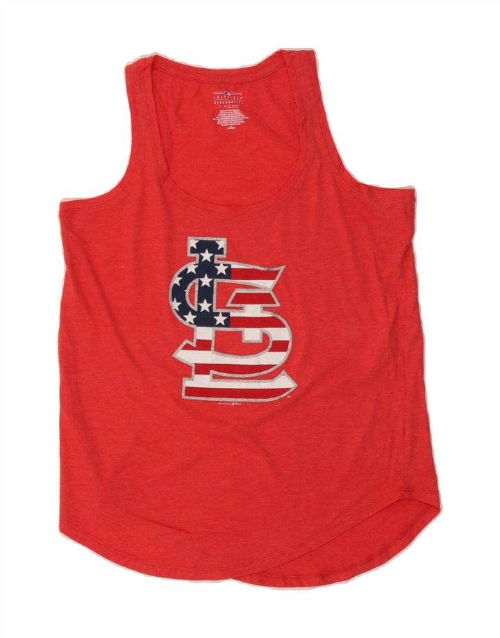 GENUINE MERCHANDISE Womens Graphic Vest Top UK 14 Medium Red Cotton Vintage Genuine Merchandise and Second-Hand Genuine Merchandise from Messina Hembry 