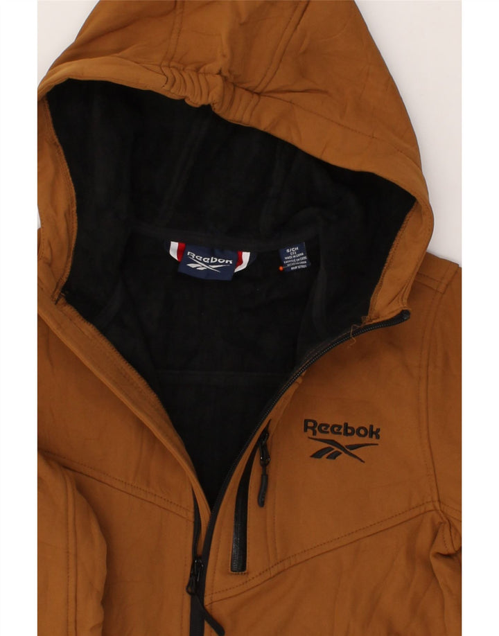 REEBOK Boys Hooded Windbreaker Jacket 7-8 Years Small Brown Spandex Vintage Reebok and Second-Hand Reebok from Messina Hembry 
