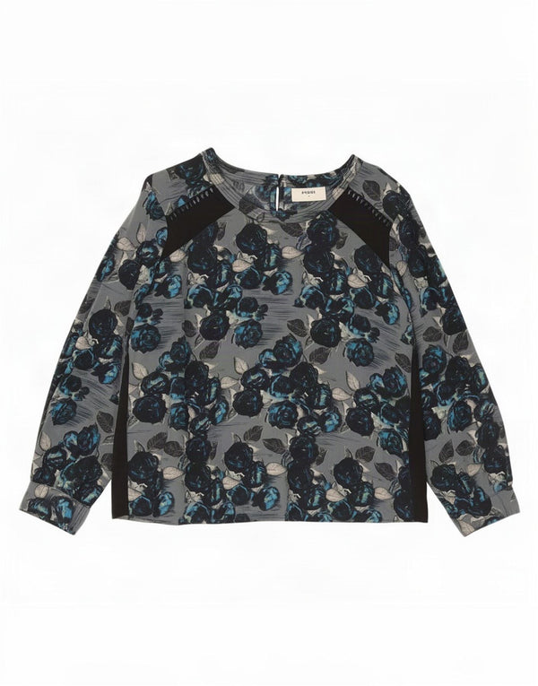 Vintage Dame Top Langærmet UK 14 Large Navy Blue Floral Silke