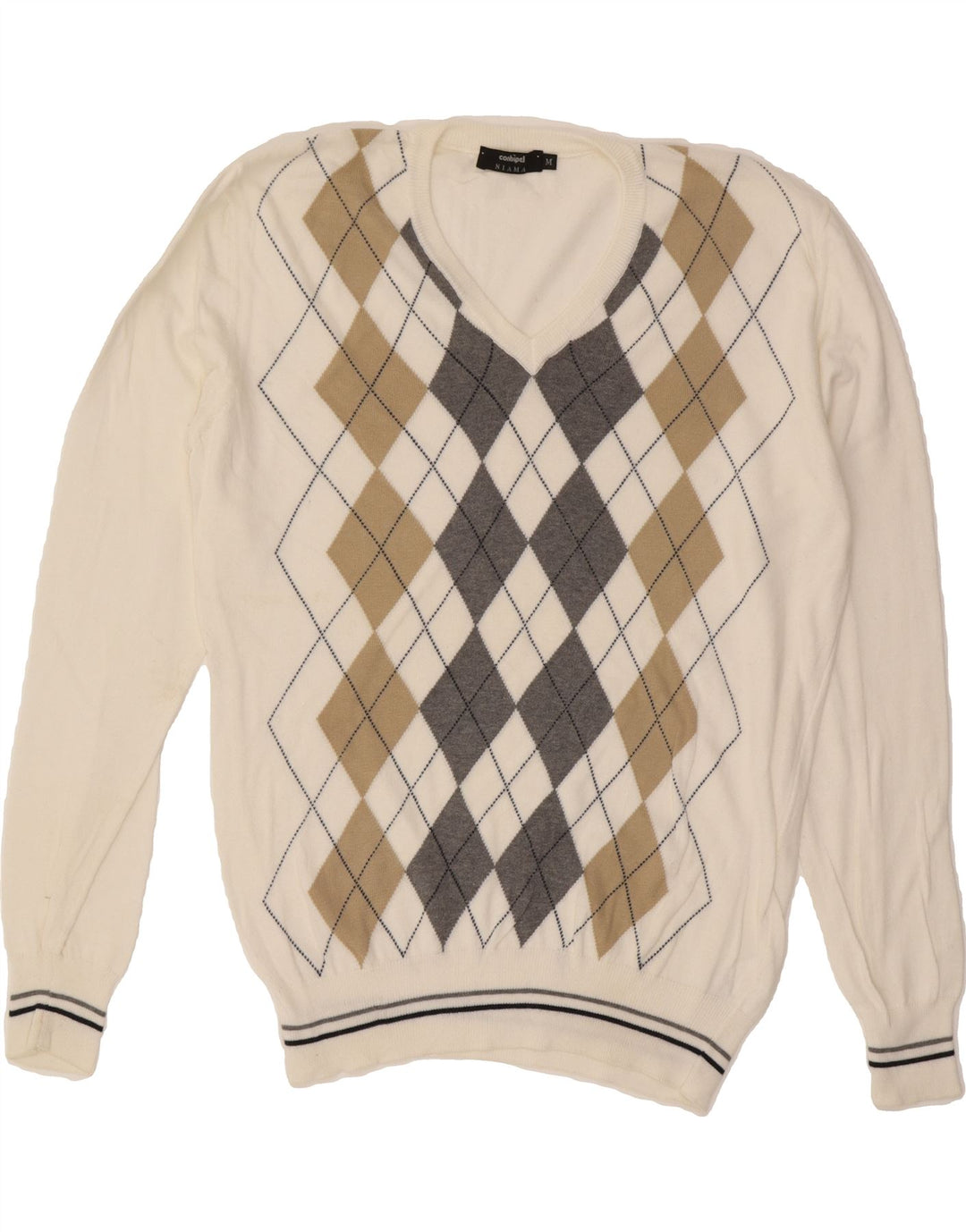 CONBIPEL Mens V-Neck Jumper Sweater Medium White Argyle/Diamond Cotton Vintage Conbipel and Second-Hand Conbipel from Messina Hembry 