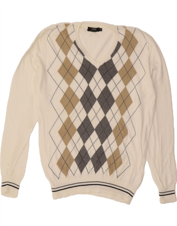 CONBIPEL Mens V-Neck Jumper Sweater Medium White Argyle/Diamond Cotton Vintage Conbipel and Second-Hand Conbipel from Messina Hembry 